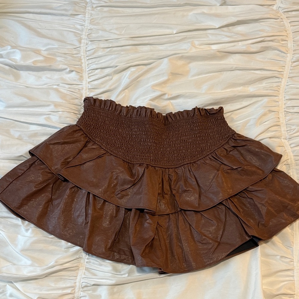 Fabrik large Brown Tiered Mini Skirt faux leather elastic stretchy waist shorts